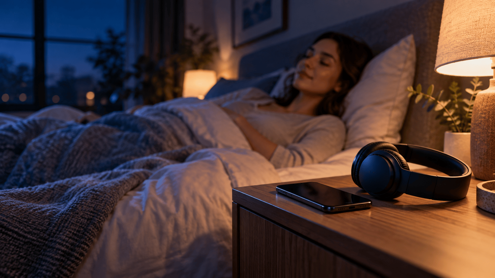 Person relaxing in bed while a smartphone and headphones sit ready for a Hypnozio sleep session