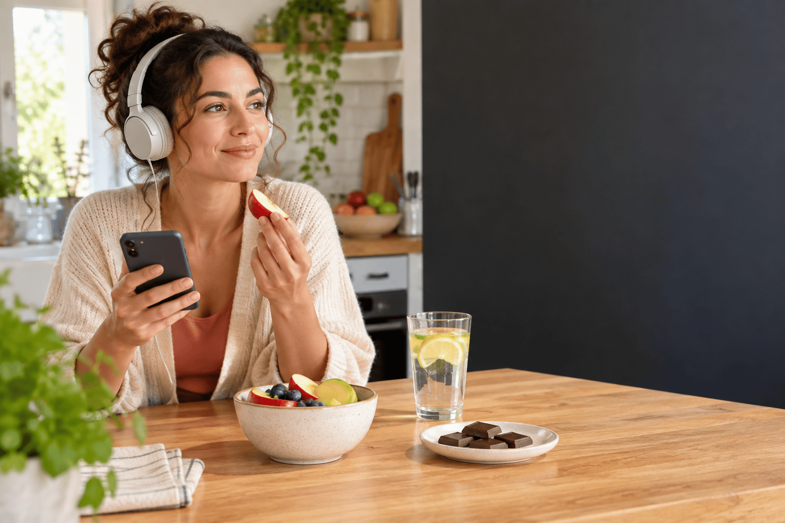 Person using a smartphone and choosing fruit during a guided healthy-habits routine