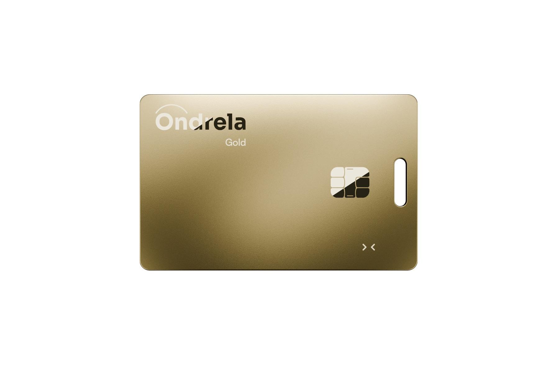 Ondrela Gold tracker card, front, on a black background